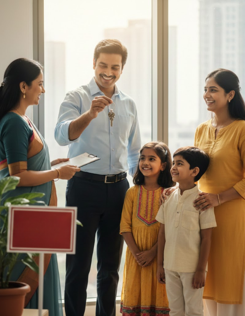 Smiling family receiving keys
